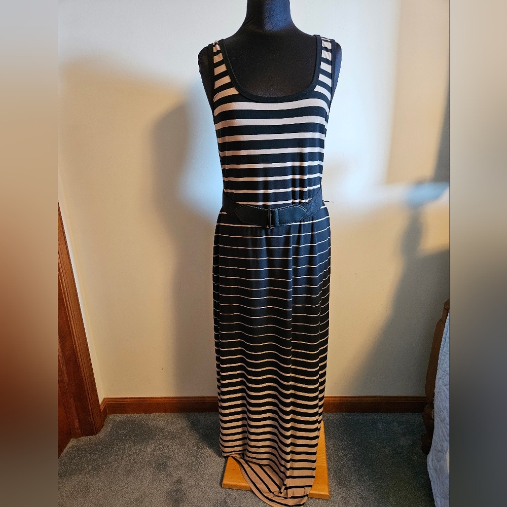 Coldwater Creek Black and Tan Striped Knit Maxi Dress 10